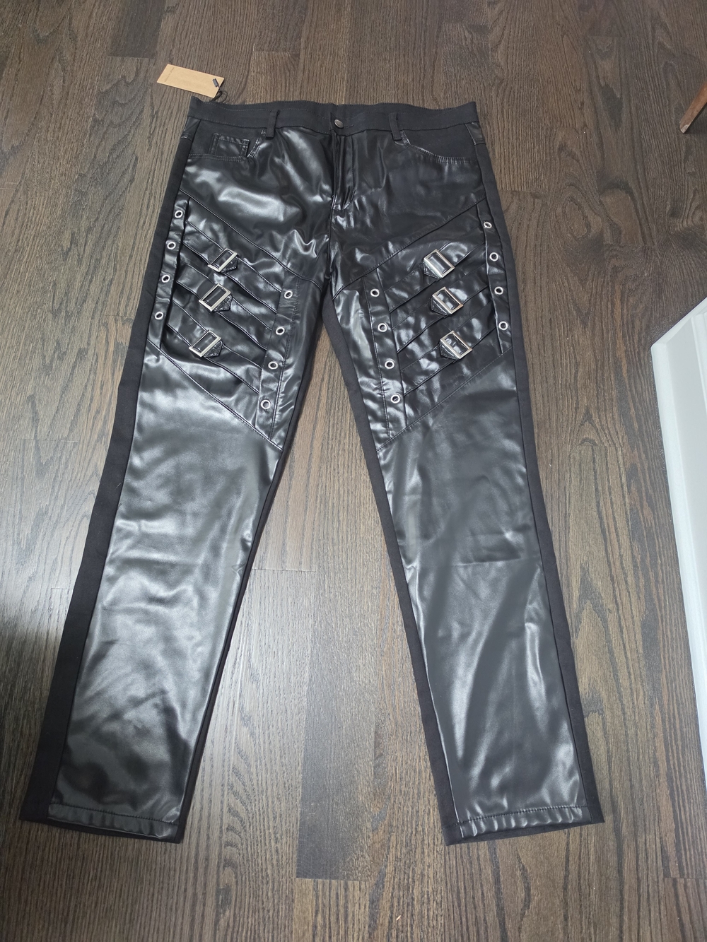 Black Faux Leather Men’s Buckle Detail Pants